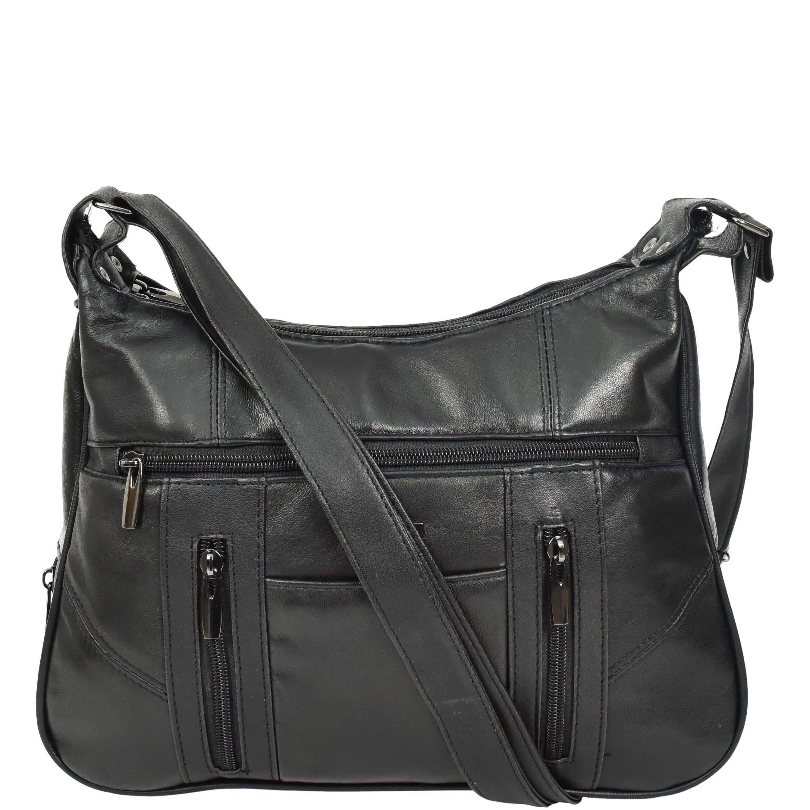 Womens Leather Crossbody Bag Black Multi Pockets Soft Handbag A990