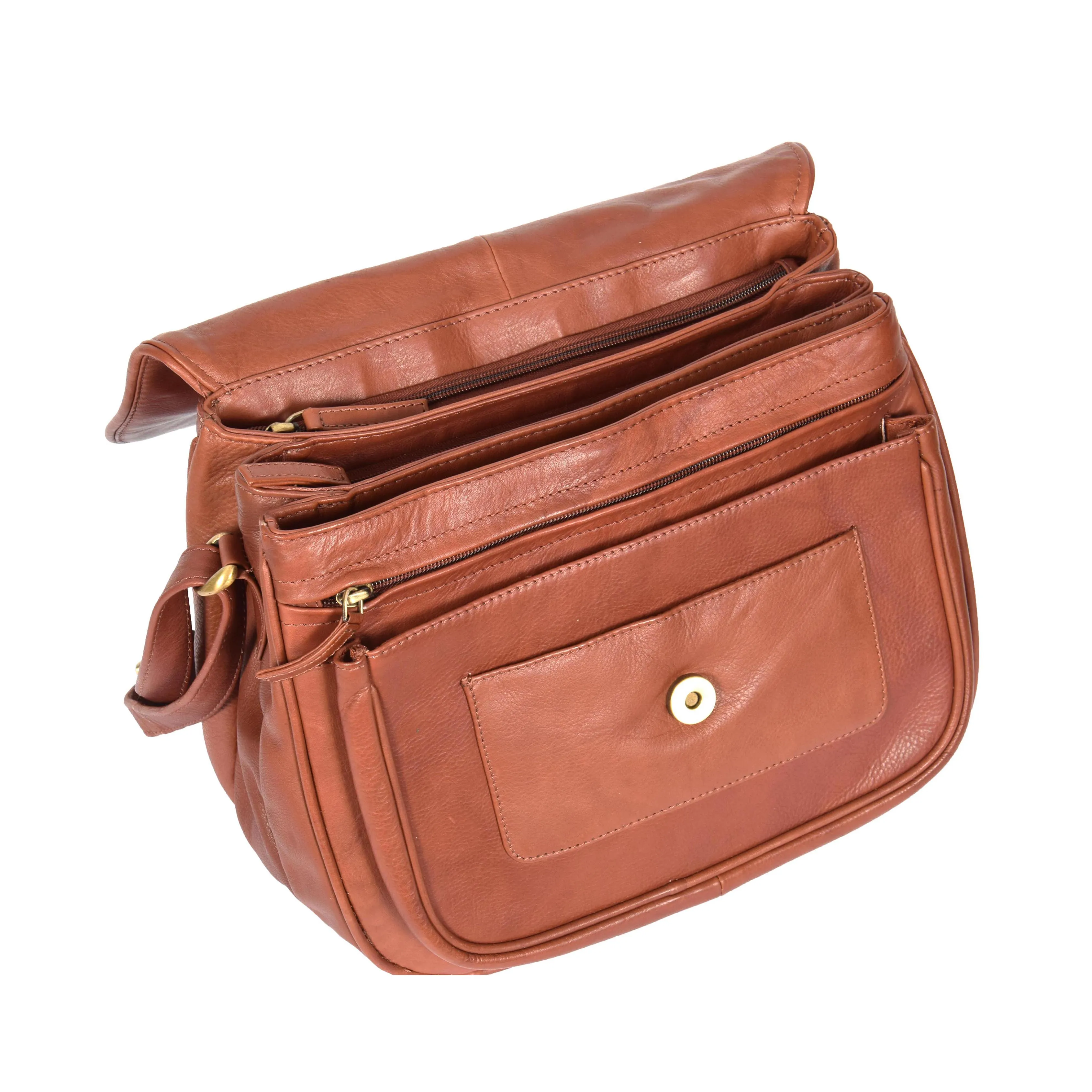 Womens Soft BROWN Leather Multi Zip Pockets Shoulder Bag A95