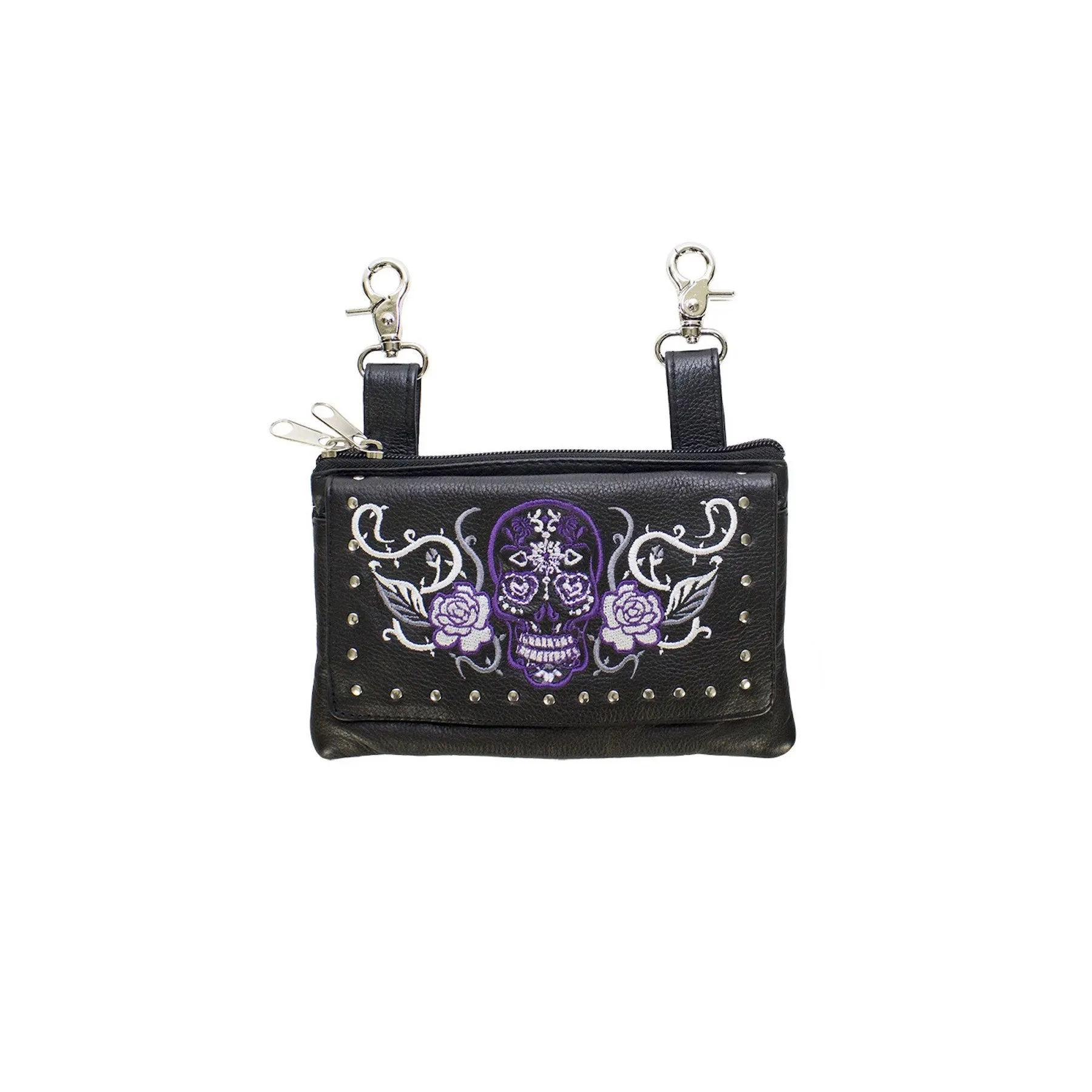 Women's Studded Purple Sugar Skull Naked Cowhide Leather Belt Bag 8.5" x 5.5"